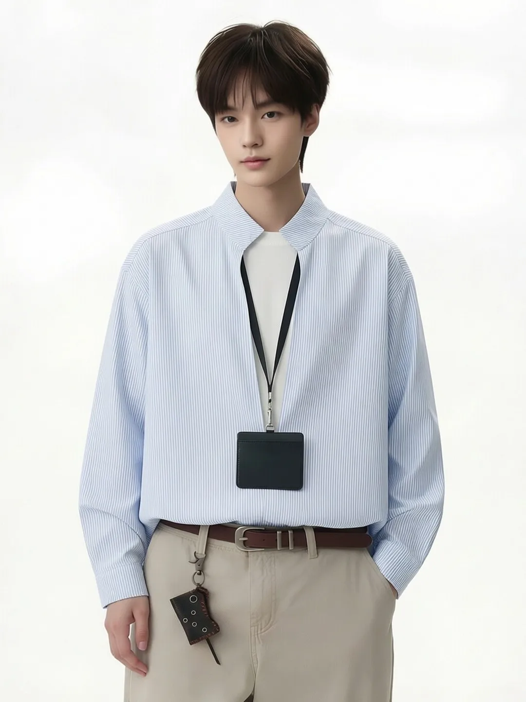Retro Korean Style Long Sleeve Loose Fit Stand Collar Men's Shirt Jacket Elegant Casual Design Striped Pattern Cotton Polyest...