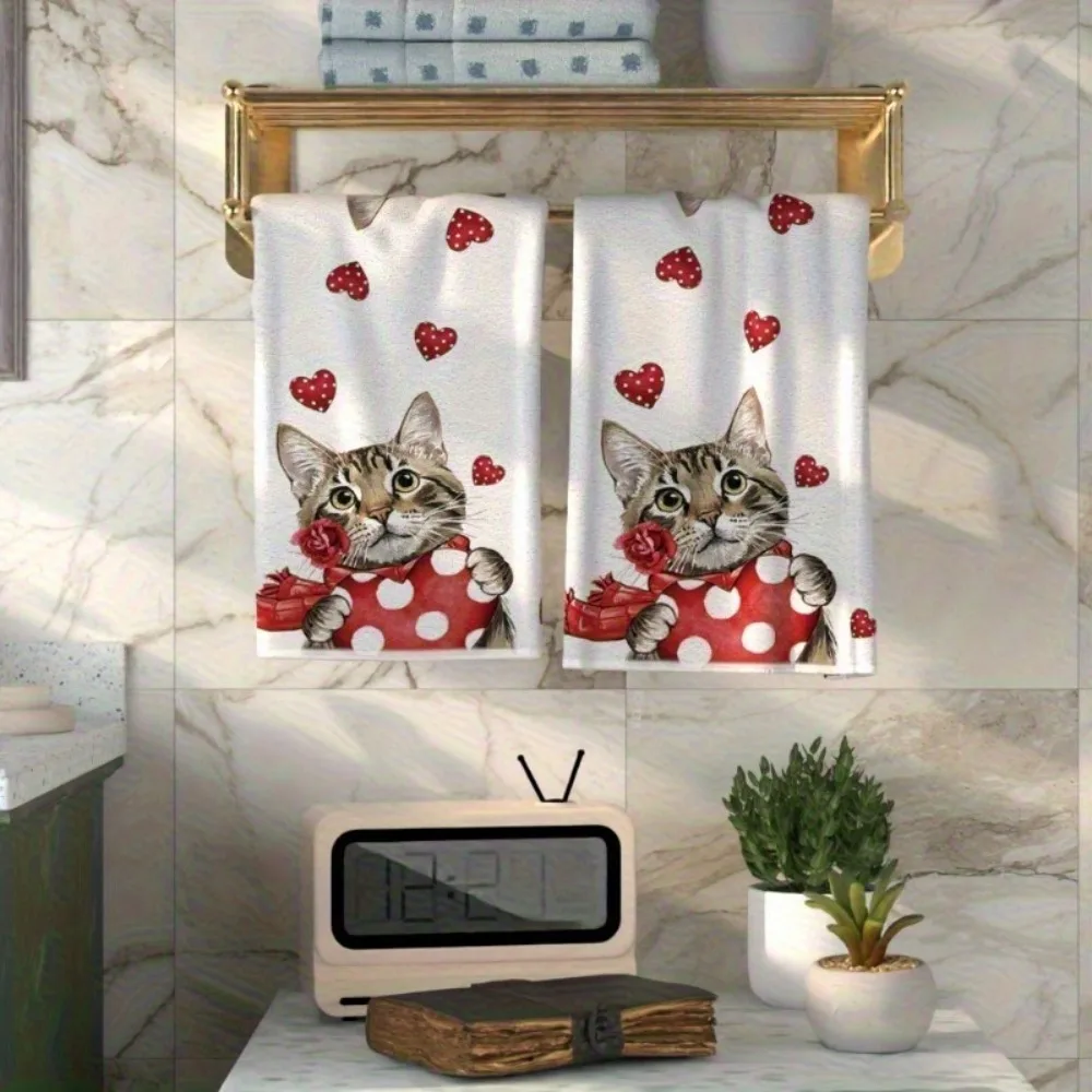 

Кухонное полотенце с 2D-принтом «Красное сердце» для кошек, милое, впитывающее, прочное, мягкое, для кухни, ванной, дома, для ежедневной уборки и сушки