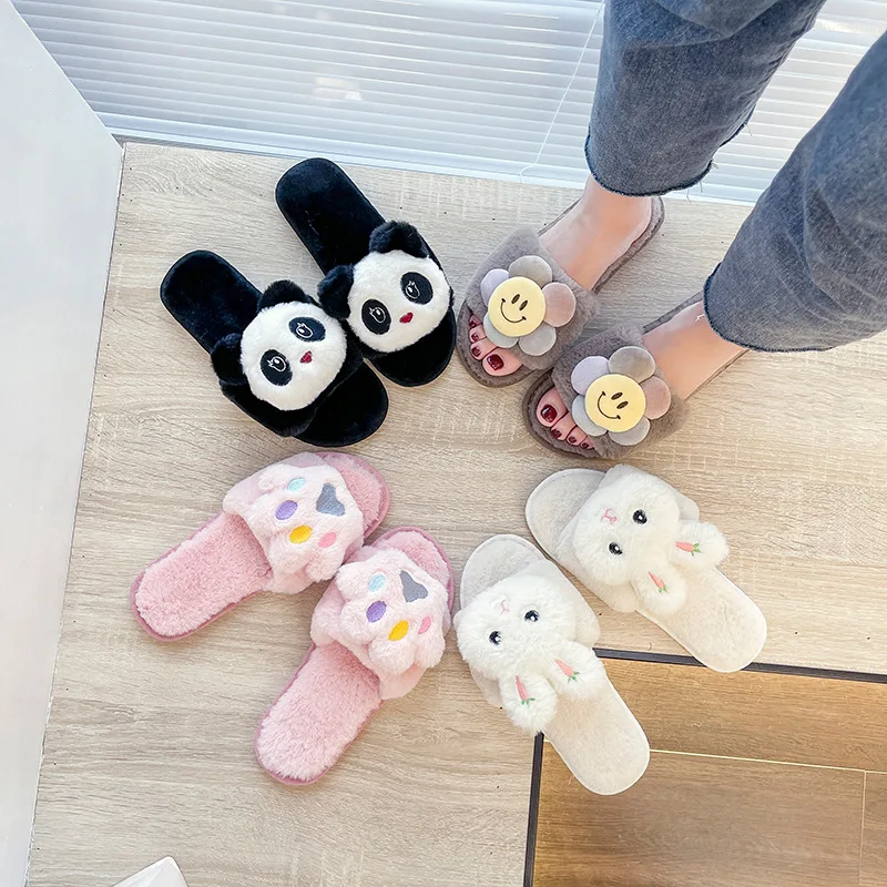 Cute Cartoon Fur Slippers Women\'s2022 Winter New One Word Cotton Slippers Home Panda Plus Size Warm Plush Slippers Mujer Slides