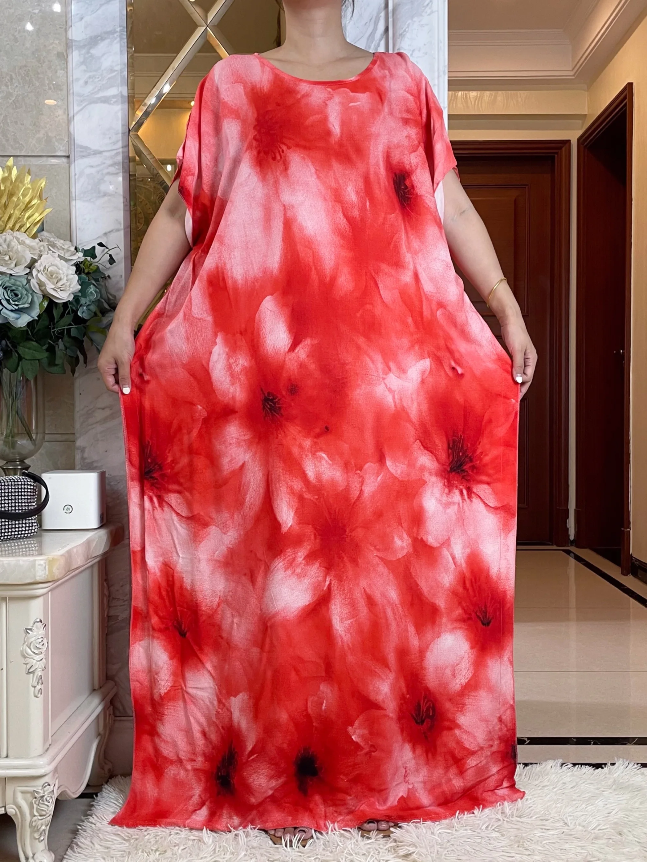 2023 Summer Party Dress Short Sleeve With Big Scarf Tie Dye Cotton Fabric Loose Boubou Maxi Islam Women  African Abaya Clothes