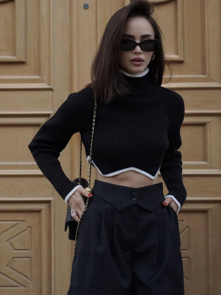 Tossy Cropped Turtleneck Sweaters For Women Knit Long Sleeve Slim Pullover 2022 New Patchwork Knitwear Crop Sweater Jumper