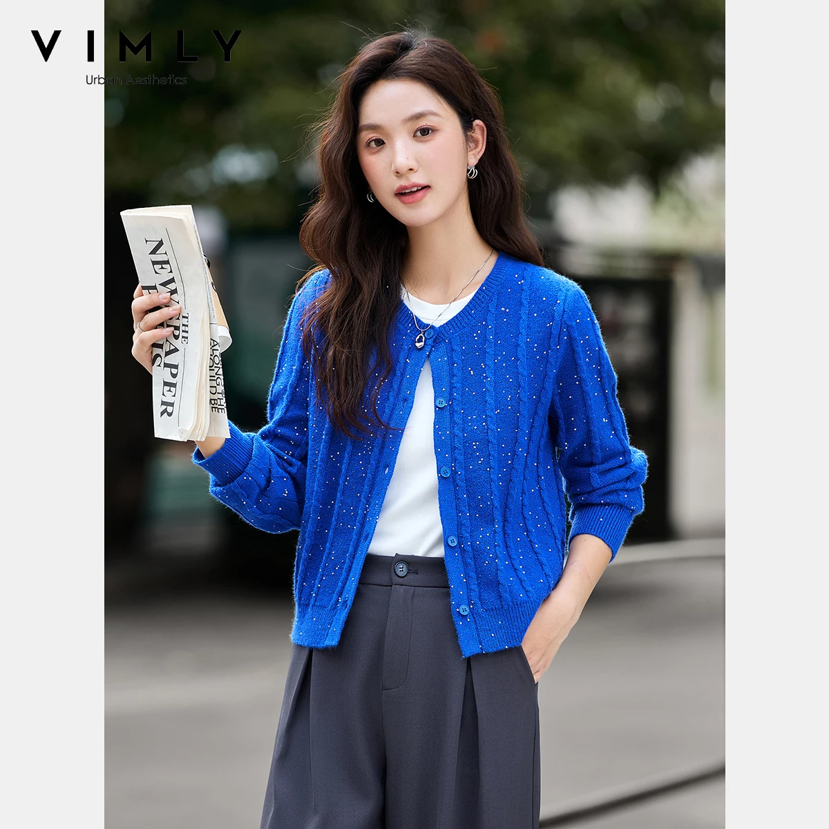 

VIMLY Women's Knitted Cardigan Autumn 2025 Casual Long Sleeve Sequined Blue Lady Jumpers Round Neck Slim Fit Woman Sweater 75089