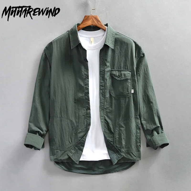 

Весенне-летние новые мужские рубашки с длинным рукавом в японском стиле, винтажная рубашка-карго, мужская дизайнерская рубашка с несколькими карманами, молодежные свободные топы