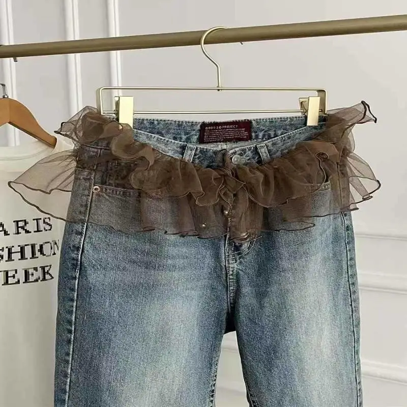 

New Mesh Lace Mini Skirt Ruffles Y2K Streetwear Ruched Skirts Harajuku See Through Waist Pleated Skirts Jeans Decoration