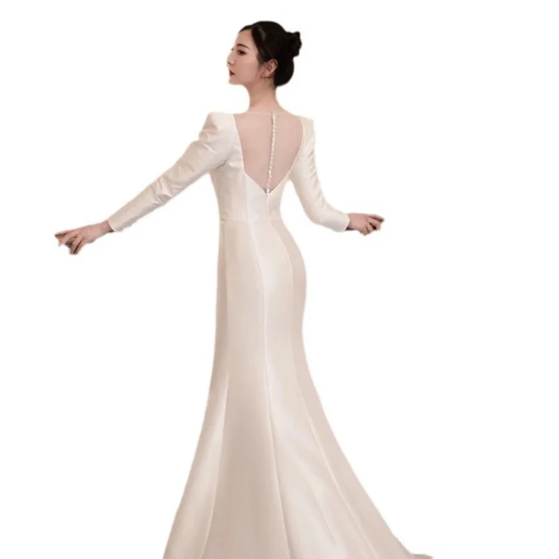 Белое свадебное платье с длинными рукавами, атласное минималистское платье для невесты, свадебного приема, вечернее платье для банкета, ежегодного собрания