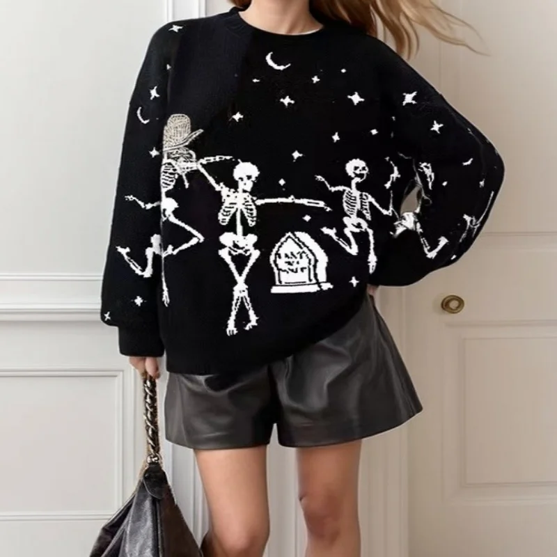 

Autumn Winter 2025 Halloween Jacquard Black Skull Knitted Pullover Warm Sweater