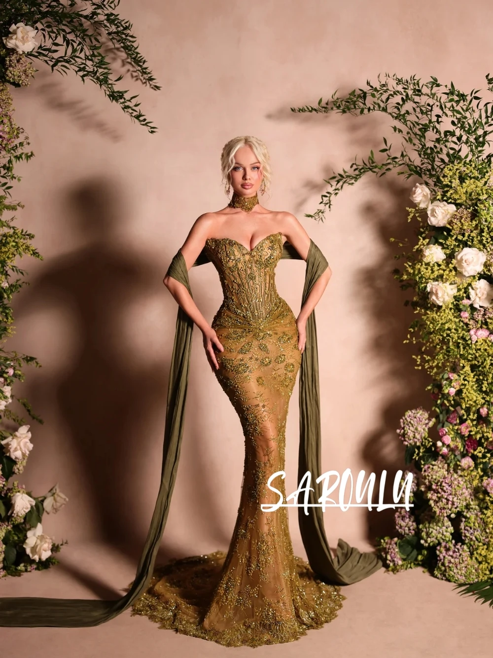 Newest Olive Gold Beaded Mermaid Evening Dress Elegant Shimmering Corset Bodice Prom Gown With Shawl Customized Fashion Wear