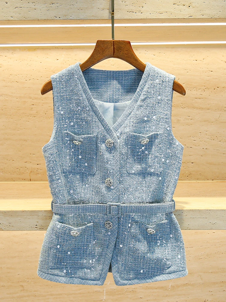 

SP Home South Oil High End Women's Faion Set with Sequin Diamond Decorated Vest Top And f Skirt V Ne Button Sle Wool...