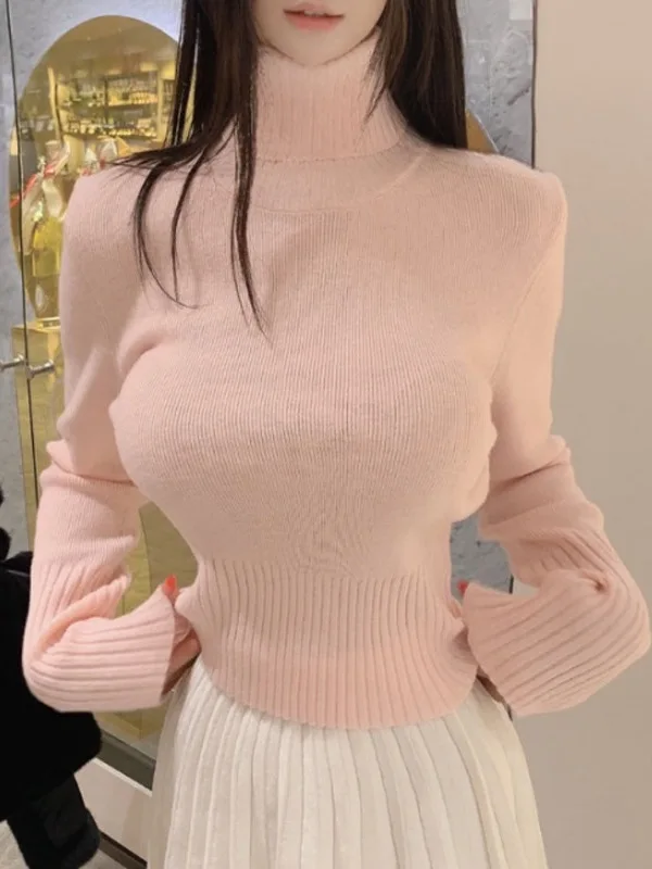 2024 Autumn/winter Korean Version New High Neck Long Sleeve Pullover Women Cinching Waist Solid Slim Knitted Short Top ZSRI