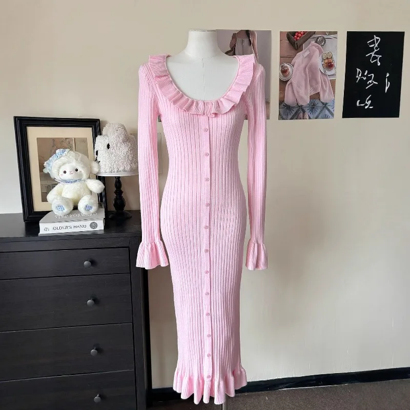 Zimowa Sukienka z Falbankami i Rękawami w Kształcie Rogów, Nowa Moda, Seksowna Sukienka Swetrowa typu Rybka z Podkreśloną Talia dla Kobiet