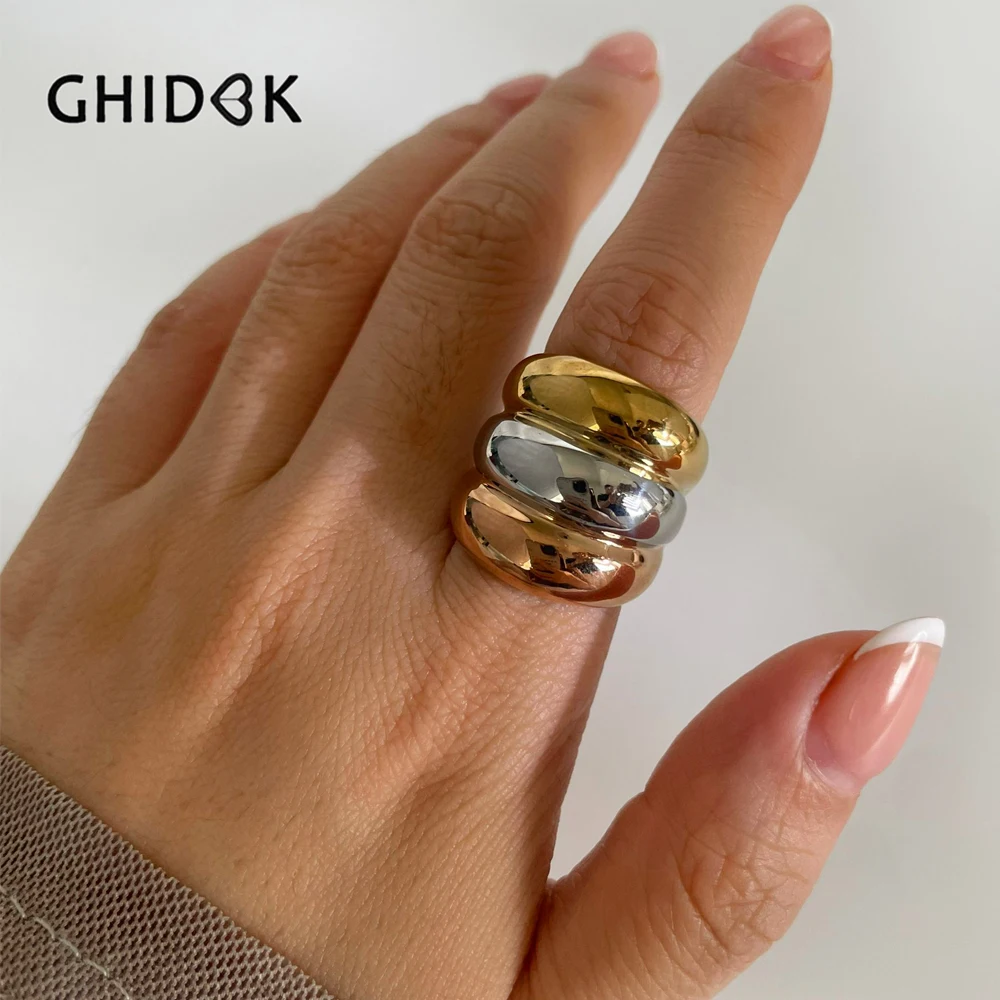 GHIDBK Golden Silver Color Rose Golden 3 Splicing Color Chunky Dome Rings Women Trendy Romantic Waterproof Jewelry Party Gift