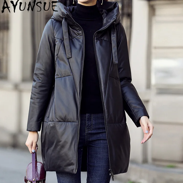 AYUNSUE シープスキン本革ダウンジャケット女性の冬服ミッドレングスダウンコートパーカー 2025 新コート Jaqueta Couro