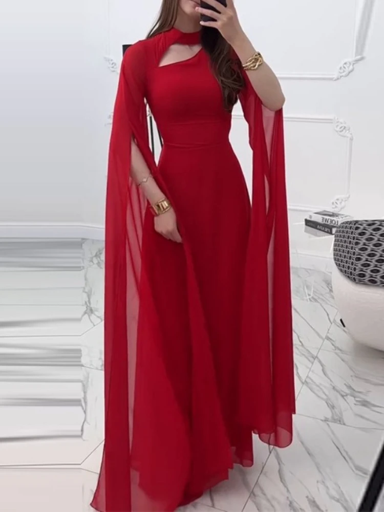 

Spring Summer Women's Elegant Solid Color Waist Cinching Chiffon Big Batball Sleeve Dresses Party Dinner Waist Cinching Dress