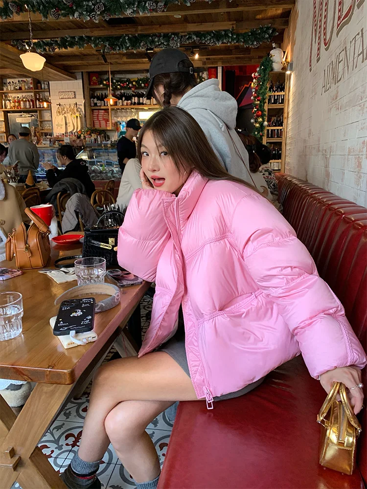 핑크 오르티엔드 웜 스탠드 칼라 여성용 다운 재킷 한국 스타일 출퇴근용 화이트 듀 페더 2024 겨울 시즌