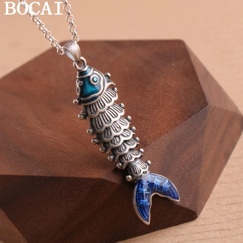 

BOCAI НОВЫЙ кулон из чистого серебра S925, индивидуальный забавный динамический сине-зеленый кулон в виде рыбы кои
