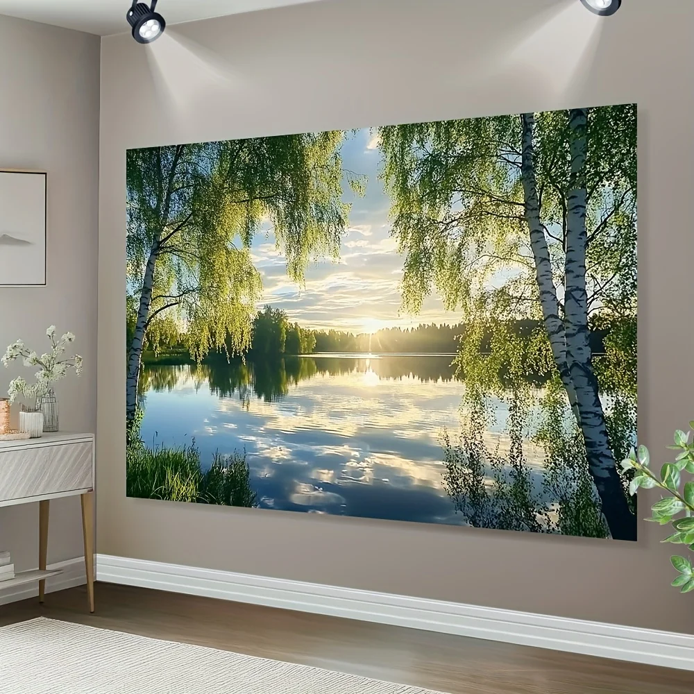Stunning Forest Lake Birch Trees Landscape Wall Art Canvas Tapestry Boho Scandinavian Style Nature Decor for Living Room Bedroom