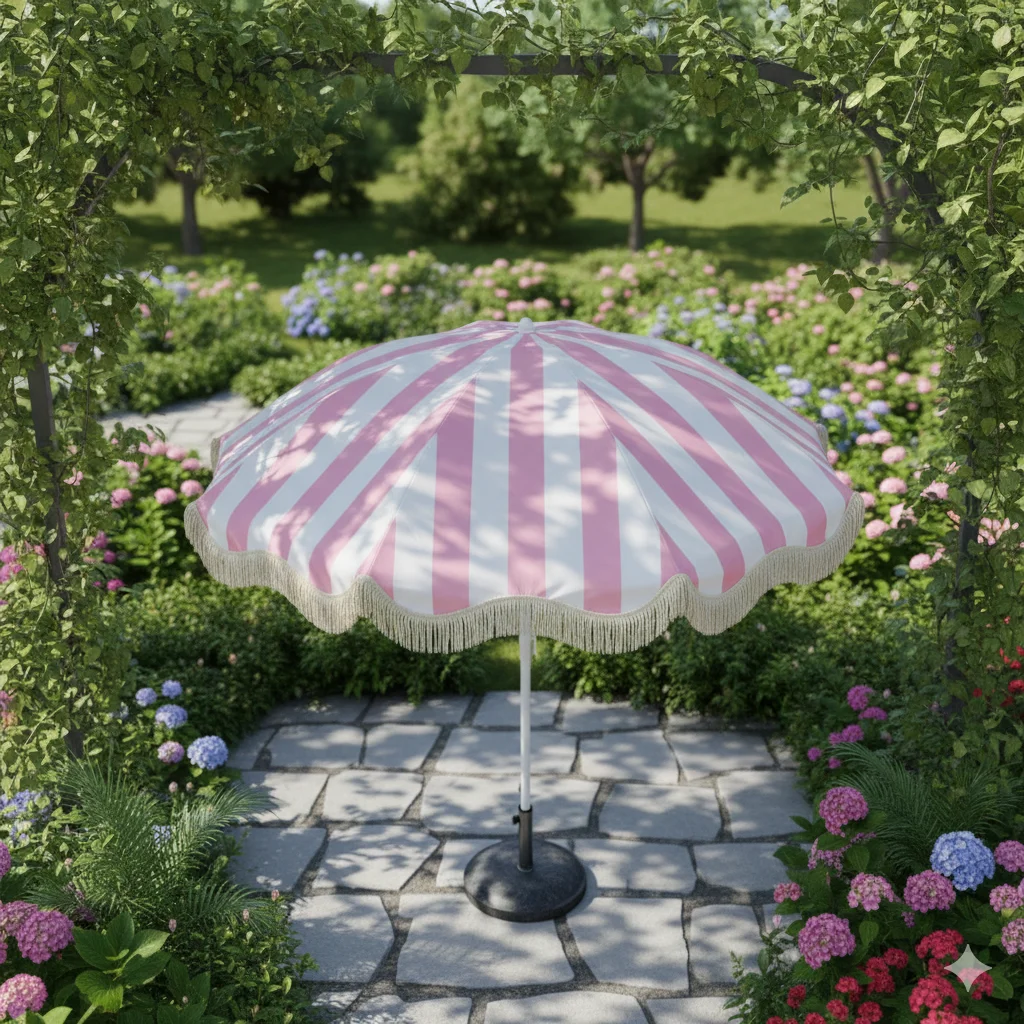 Romantic Pink And White Striped Sunshade Umbrella UPF50+ with Black Coated Fringe Portable Garden Beach Umbrella Sun Protection