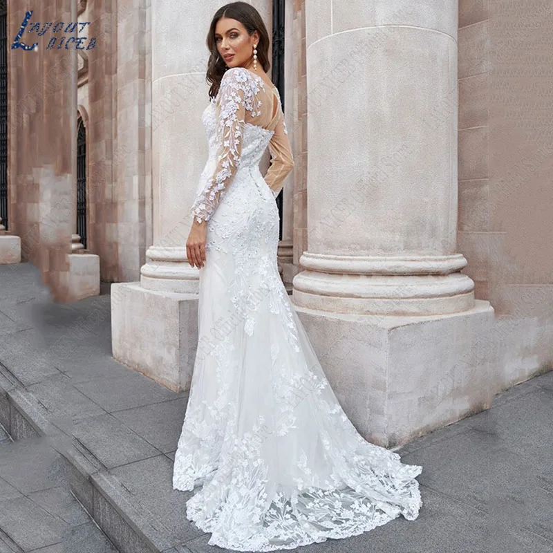 LAYOUT NICEB Mermaid Appliqués Wedding Dresses For Bridal Longue Manches Lace Vestidos De Noiva Mariage Illusion Robes Mariée