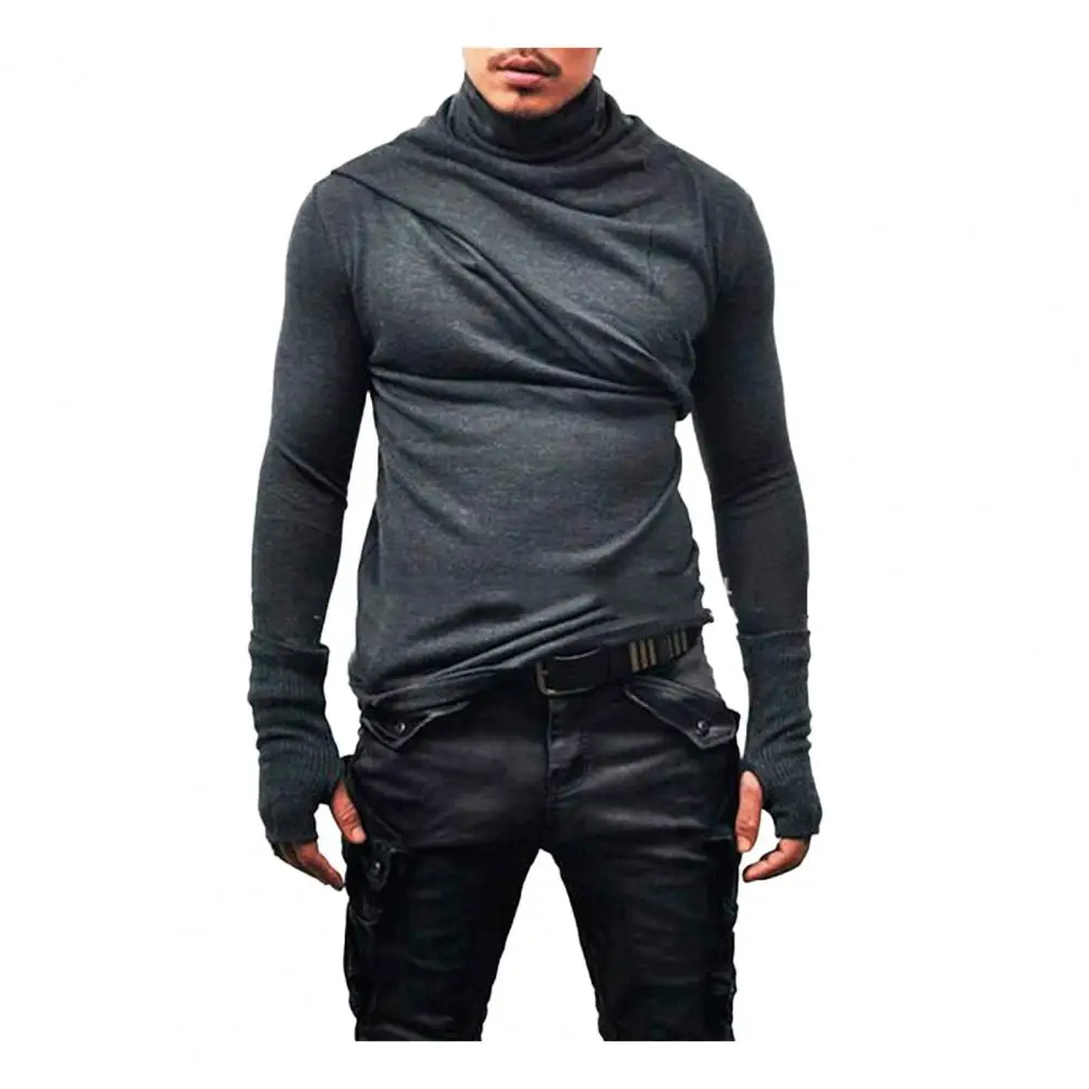 Spring Autumn Men Top Slim Fit Casual Men Pleated Collar Shirt Stretchy Long Sleeves Pullover Sweatshirt for Sports Street Wear