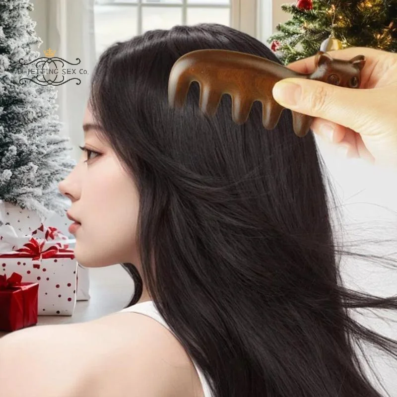 

Cat Shape Sandalwood Hair Comb Scalp Relax Acupoint Massager Portable Wooden Handle Five Teeth Comb Anti-Static Styling Tool