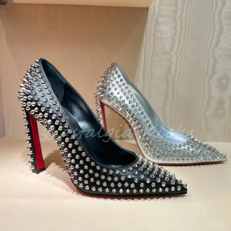 

Black Rivet Pointed Toe Women's Pumps Designer Pointed Toe Super High Heel Slip On Party Female Dress Shoes Comfort Office Shoes
