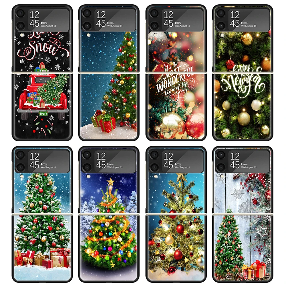 Merry Christmas Tree Snow Case For Samsung Galaxy Z Flip 4 5 3 z Flip5 Flip4 5G Hard Phone Cover Flip3 Split Folding Black Plast