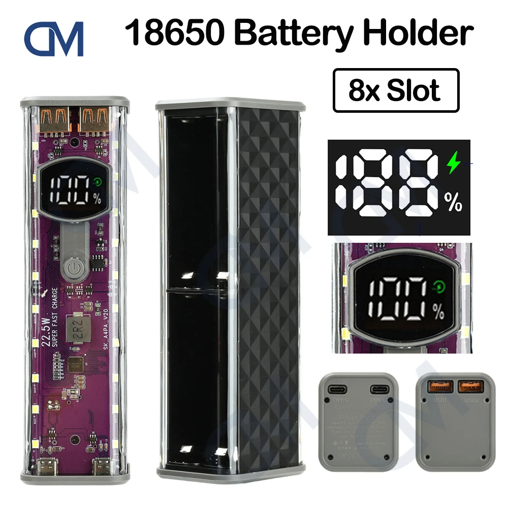 8-خلايا 18650 حامل البطارية لتقوم بها بنفسك قوة البنك حالة 22.5 واط/45 واط شحن سريع شفاف حافظة بطاريات صندوق USB نوع-C واجهة