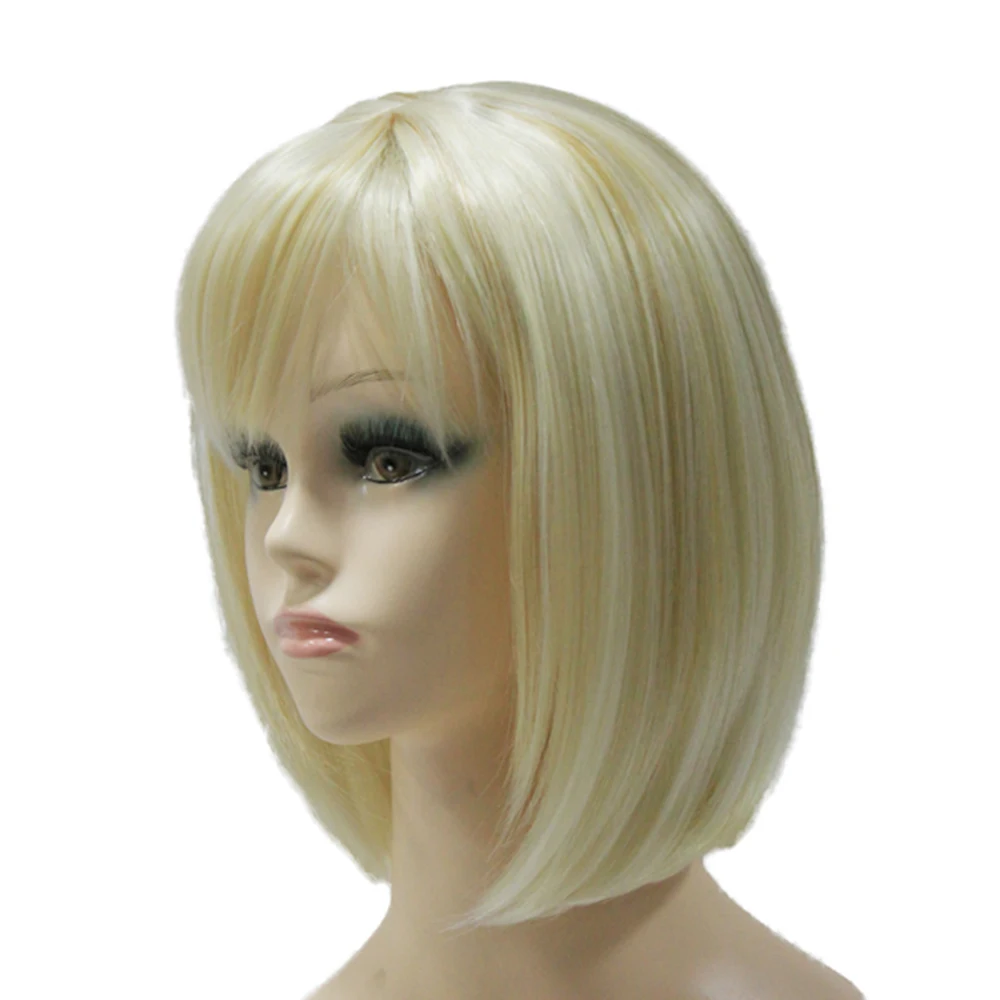 Shining Blonde Straight Chin Length synthetic Hair Blend Wig Short Bob Full Wig for White Women