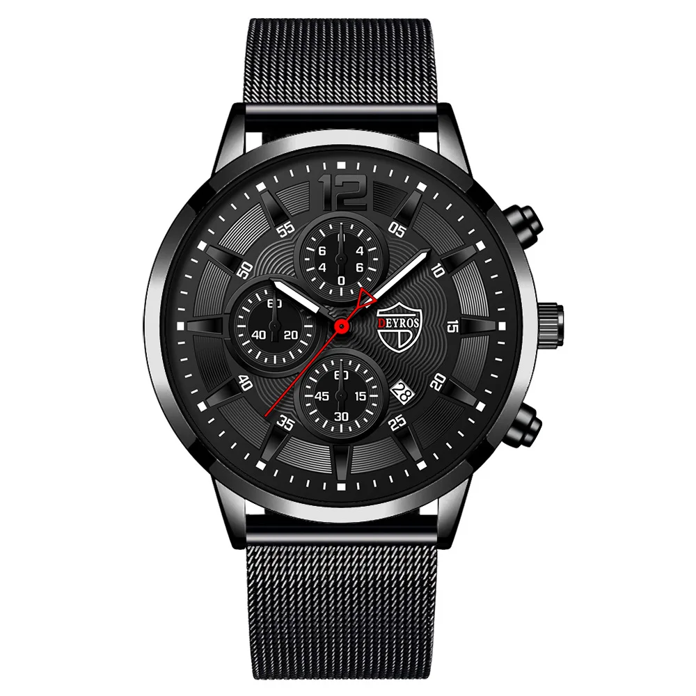 DEYROS Watches for Men Business Casual Stainless Steel Watches Fashion Mens Quartz Wristwatch Calendar Date Bracelet Set
