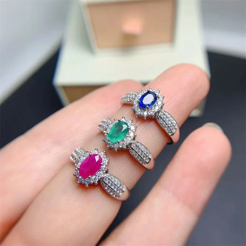 

Authentic Real Legit 925 Silver Natural Genuine Sapphire Emerald Ruby Adjustable Size Ring for Women Lady Anniversary Gift