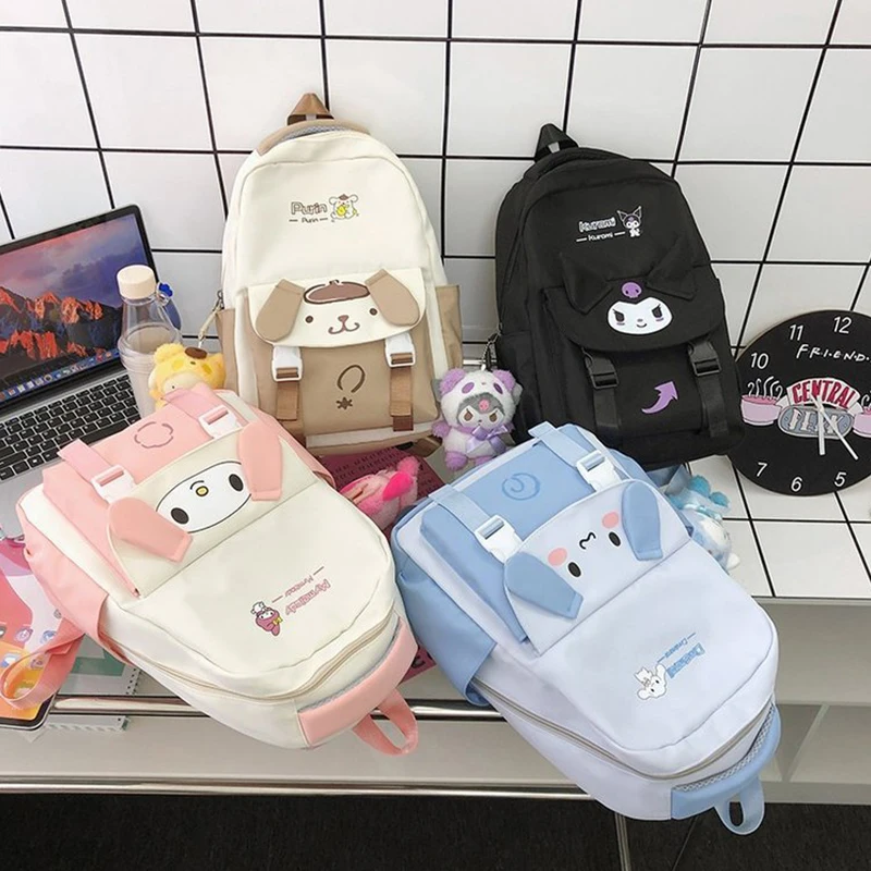 Mochila de nailon de Anime Sanrioed, bolso de hombro con melodía, Kuromi, Pompón, muñeca de dibujos animados, Lindo bolso escolar, regalo de