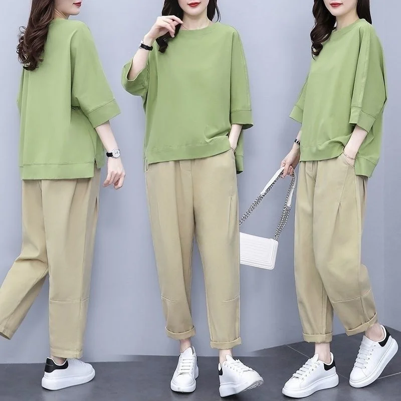 

Women's Casual Korean Version Suit Trend Fashion Spring Summer New Solid Color Tops Ninth-Length Pants 2 Two Piece Set For Women