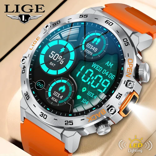 Reloj inteligente LIGE 2025 para hombre, relojes deportivos, linterna LED, pantalla Ultra HD 360x360, resistente al agua, Fitness, llamada Bluetooth, reloj inteligente para hombre