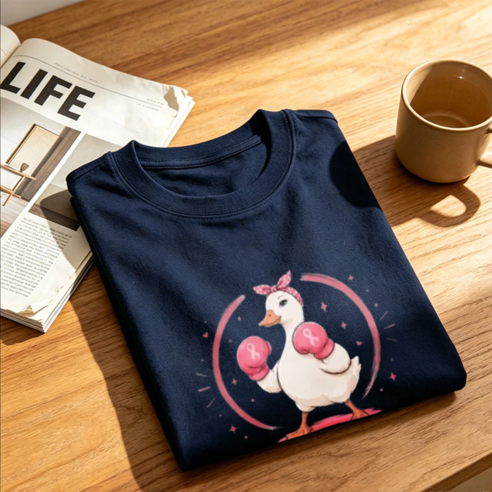 Off To Fight The Bad Cells Cute Boxing Duck Breast Cancer Awareness T‑Shirt Duck Pink Boxing Gloves Ribbon Art Print Cotton Tees