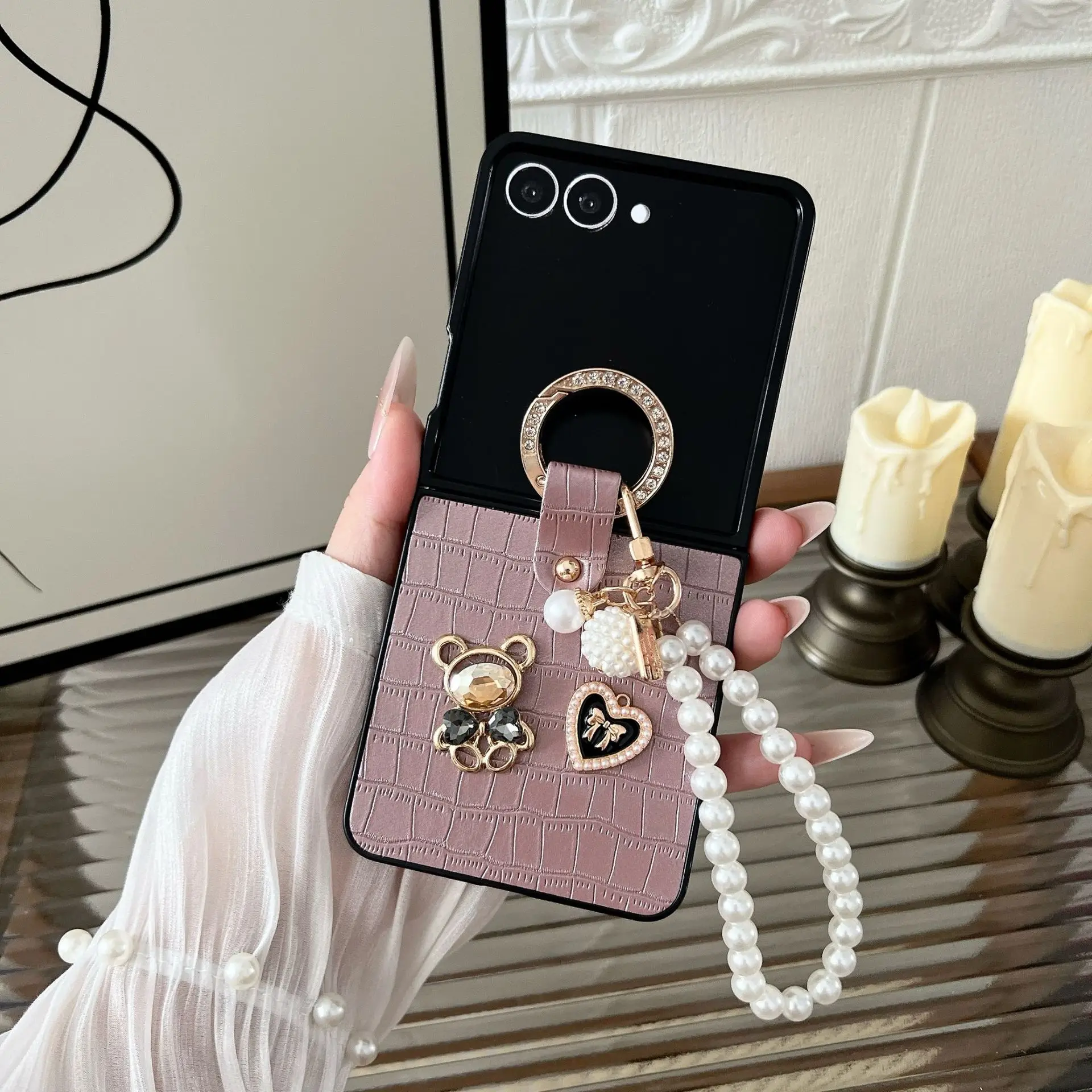 

Bear Heart Pearl Phone Case for Samsung Galaxy Z Flip 7 6 5 4 Protective Back Cover for ZFlip5 ZFlip6 ZFlip7 Case Shell