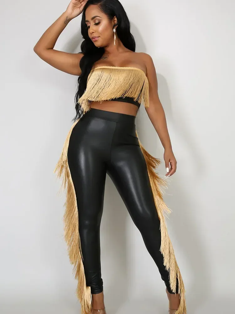 Sexy Metallic Tassels Pants Set Women 2 Piece Birthday Outfits Clubwear Strapless Crop Top and Pants Matching Sets Y2k Mujer