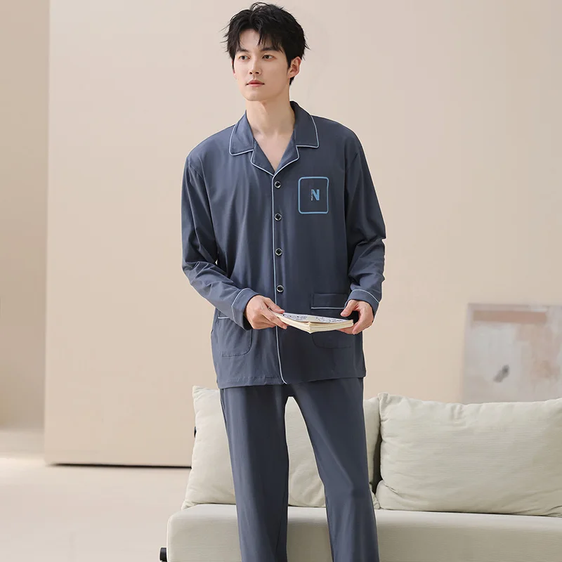 Plus Size L-4XL Men Pajamas Set 100% Cotton Sleepwear Male Autumn Long Sleeve Pyjamas