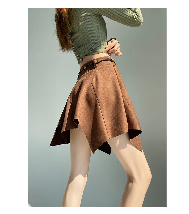 SALIENCY American Vintage Brown Irregular A-line Y2K Retro Suede Ruffled Skirts for Women Asymmetrical Winter Mini Skirt