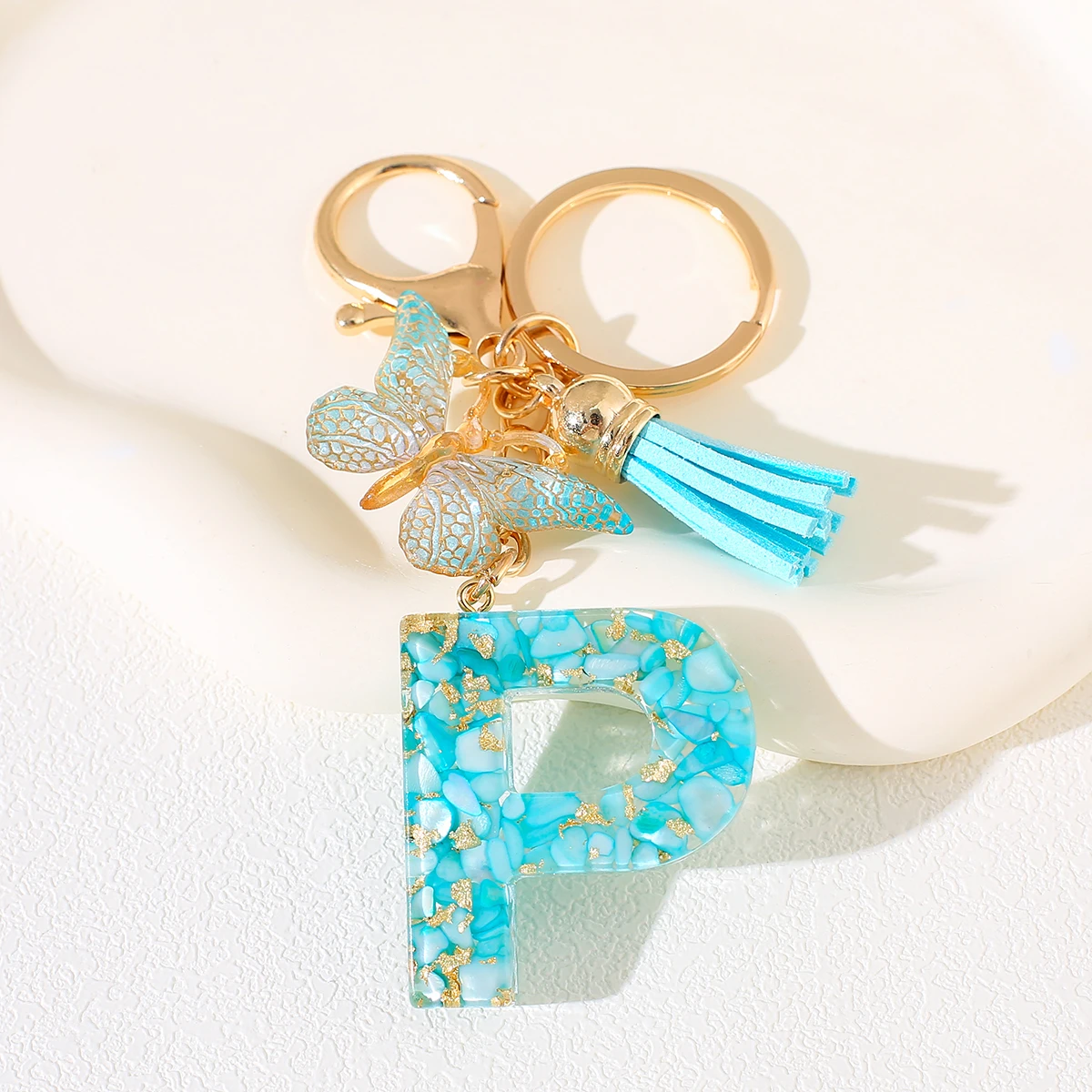 السماء الزرقاء الأبجدية رسالة المفاتيح مع فراشة هامش الراتنج حجر الأولي كيرينغ للنساء الإناث فتاة حقيبة الظهر قلادة M S