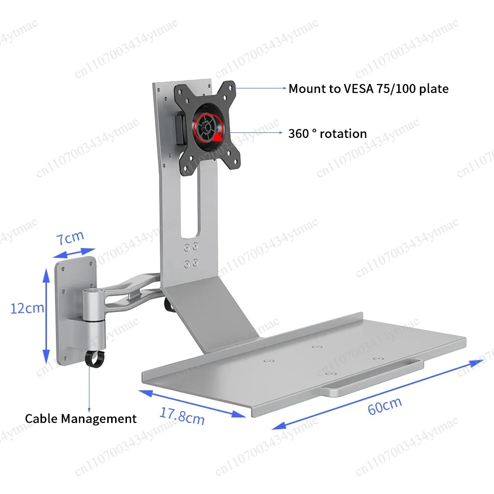 Adjustable Wall Mount Sit-Stand Workstation VESA Monitor Bracket With Integrated Keyboard Holder Tray
