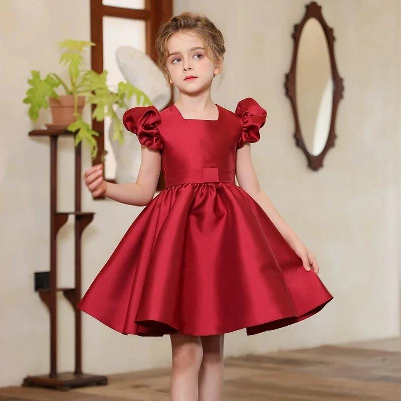 Sweet Girls Red Evening Party Dress Princess Kids Wedding Photograph Dress Little Fairy Children Formal Gown Stage Show Costume