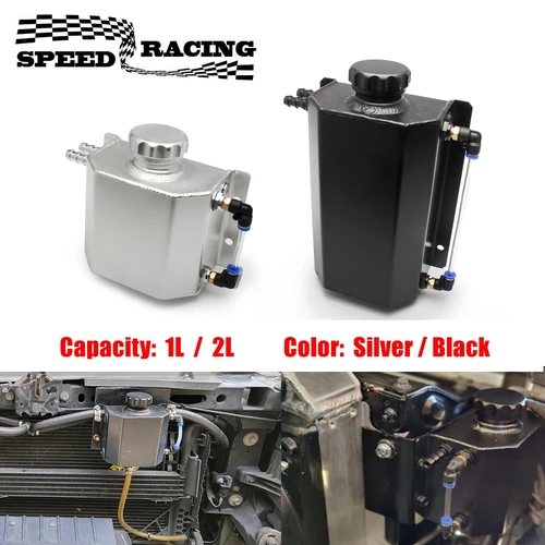 Tanque de depósito de aceite de aluminio Universal, 1L/2L, refrigerante de motor, radiador, desbordamiento, tanque de combustible de aceite con tapón de drenaje, respiradero