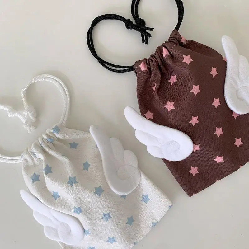 

HOT Canvas Angel Wings Stars Makeup Bag Portable Beam Drawstring Bag Strawberry Musical Notes Dustproof Storage Bag Makeup Pouch