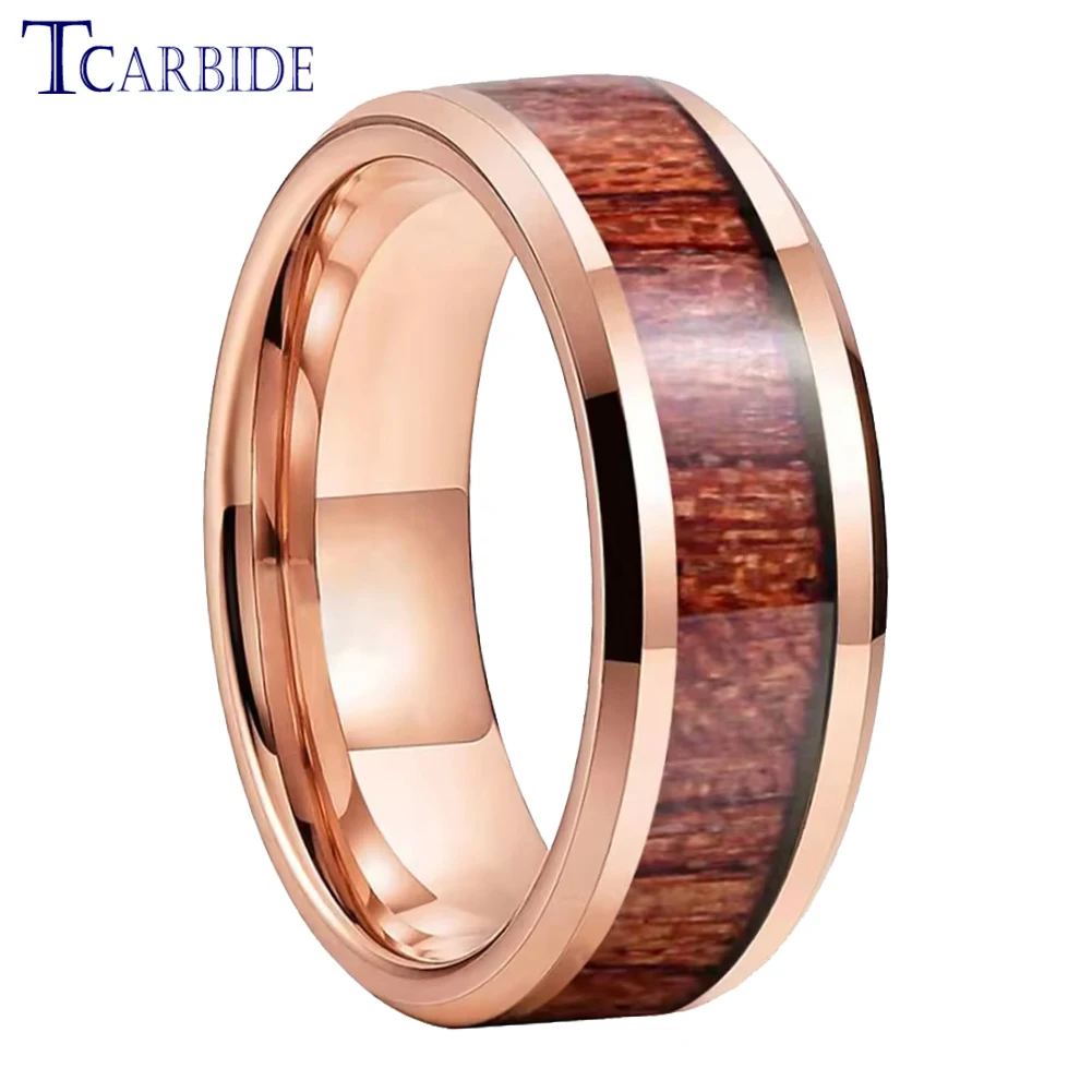 8mm Men Women Tungsten Wedding Band Rosewood Koa Wood Inlay Ring Multicolor Beveled Polished Finish Classic Gift Jewelry