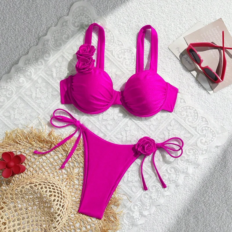 New two-piece swimsuit for women, sexy solid color tie-up bikinibikiniUnderwire push-up swimsuit