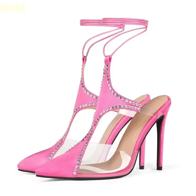 

2025 Summer New Women Sandals Pink Satin Clear Pvc Crystal Bling Bling Thin High Heels Slingback Ankle Strap Fashion Sandals