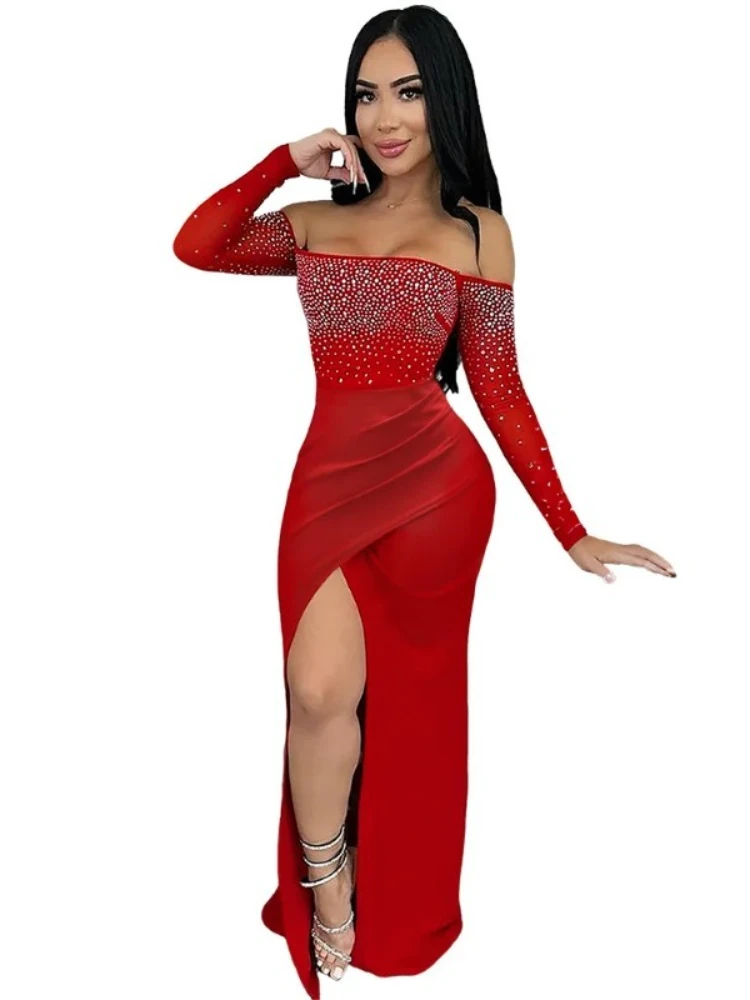 Robe longue moulante à manches longues pour femmes, diamants et strass, Sexy, col Slash, fendue, robes de soirée d'anniversaire, 2025