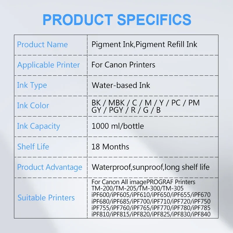 1000ML Pigment Ink For Canon PFI 107 120 320 102 104 701 703 704 706 707 710 206 106 306 Cartridge TM-200 205 300 305 Printer