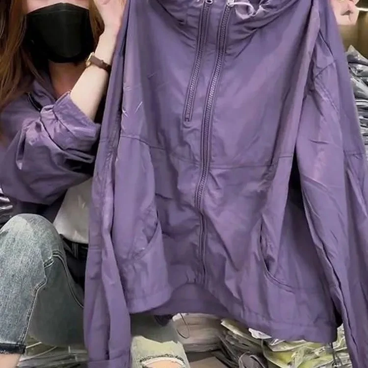 2025 New Women's Sunscreen Fashion Purple Sun Protection Clothes Summer Loose Thin Hooded Casual Sun Protection Jacket Women Coa