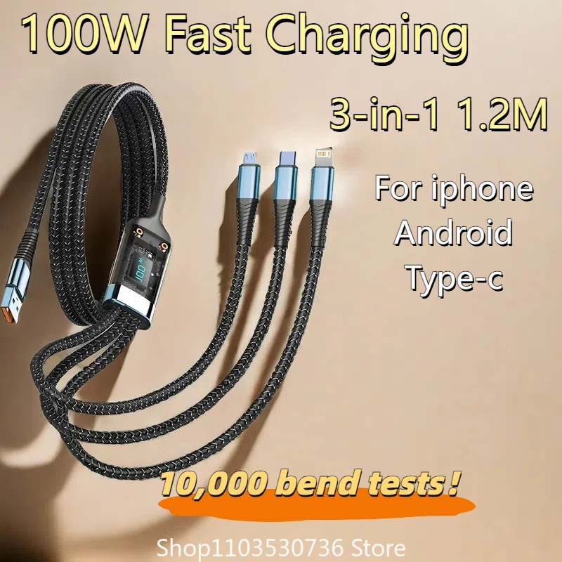 100W 5A Fast Charging 3-in-1 USB To Type-C Micro Fast Charger Cable For iPhone 14 13 Samsung Xiaomi Huawei iPhone 14 13